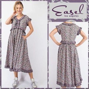 EASEL Ruffle Trim Full & Flowy Midi or Maxi Dress V-Neck Capped Sleeves Pockets